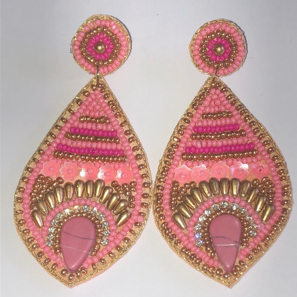 Huge Pink and Gold Tone Beaded Boho Statement Earrings - Picture 1 of 5